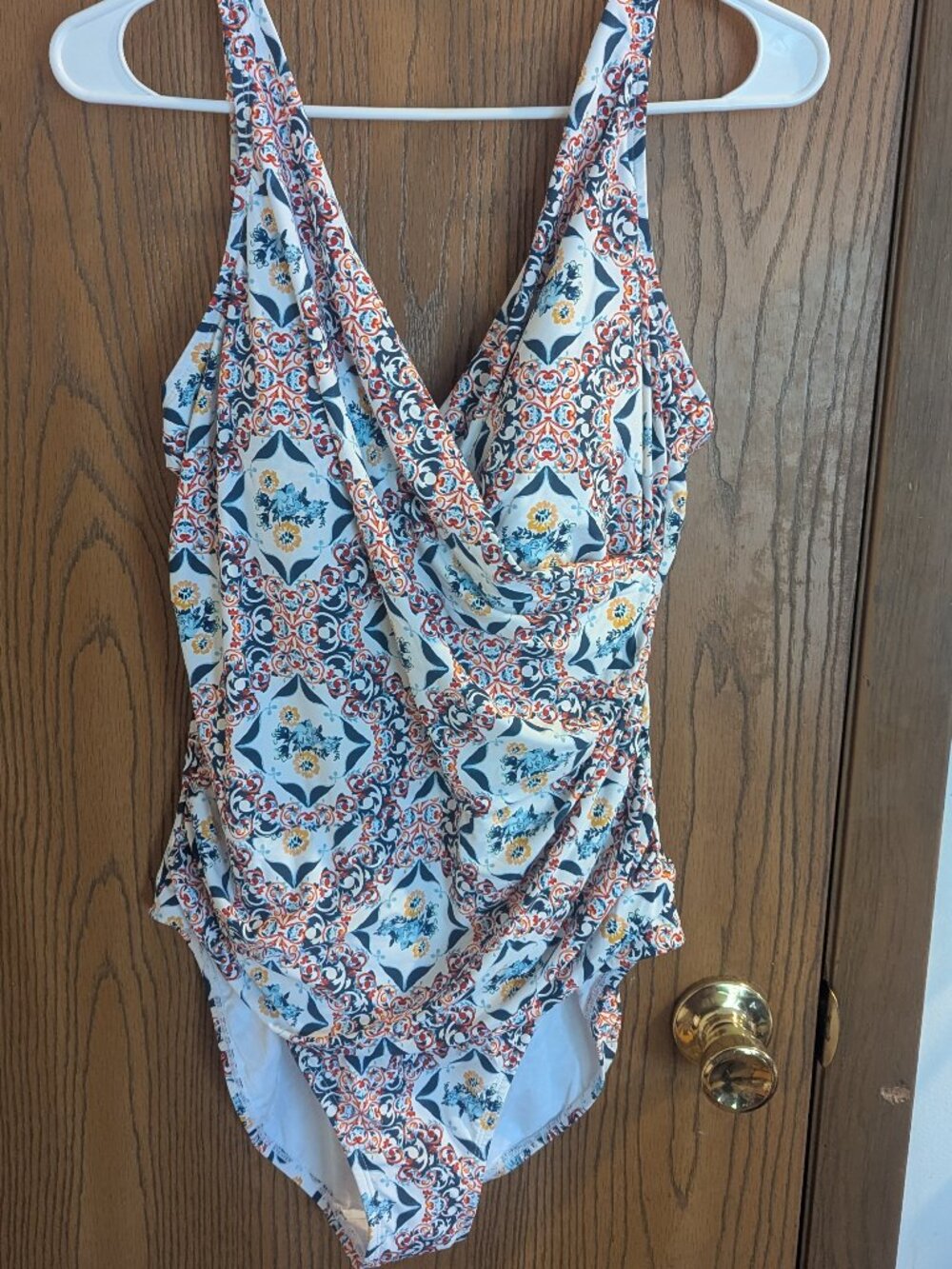 NWT Jantzen Draped Geometric Floral Tummy Control One-Piece Swim Suit-16